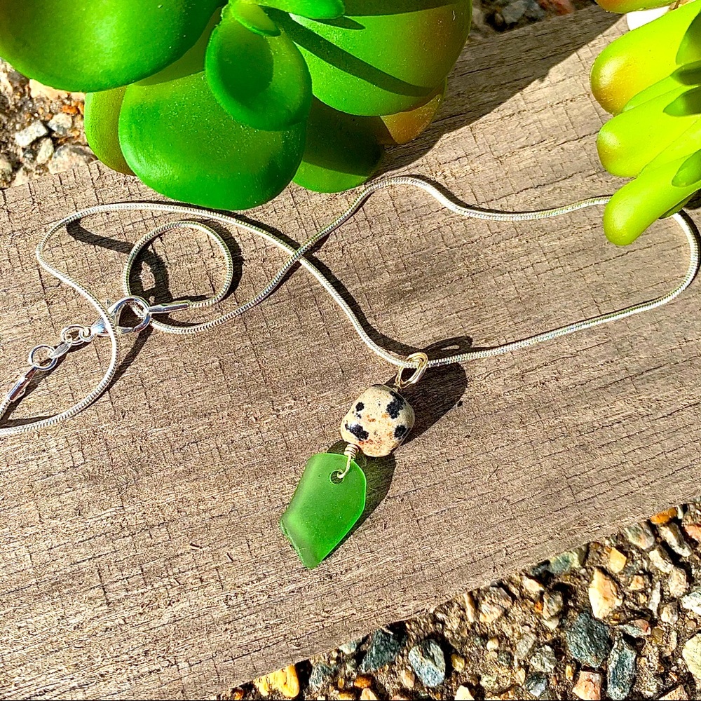 Hand Crafted Sea Glass & Dalmatian Jasper Pendant